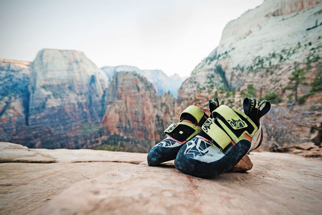 Rock Climbing Shoes on a rock from the brand La Sportiva