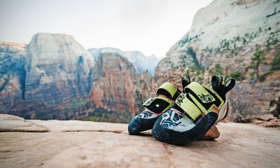 Rock Climbing Shoes on a rock from the brand La Sportiva