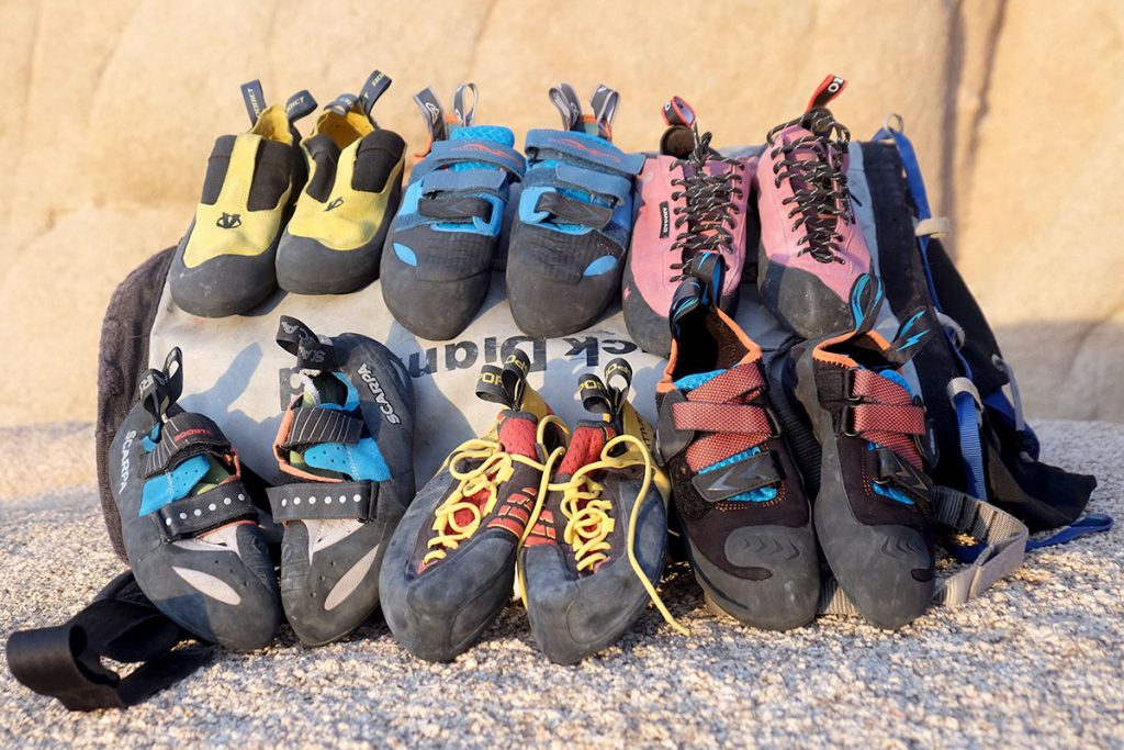 Women rock climbing shoes lineup