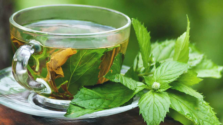 cup of tisane tea on side with peppermint leaf